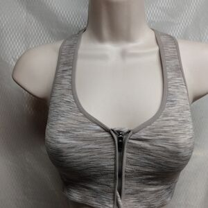 Avia Racer back Sports Bra, M, Tan, front zipper, pre-owned